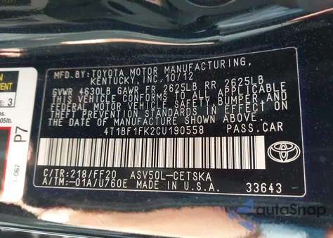 2012 Toyota Camry Se z USA, uszkodzony, nr VIN 4T1BF1FK2CU190558